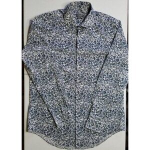 Van Heusen Flex Long Sleeve Button Up Slim Fit Stretch Blue Floral Shirt Men's L